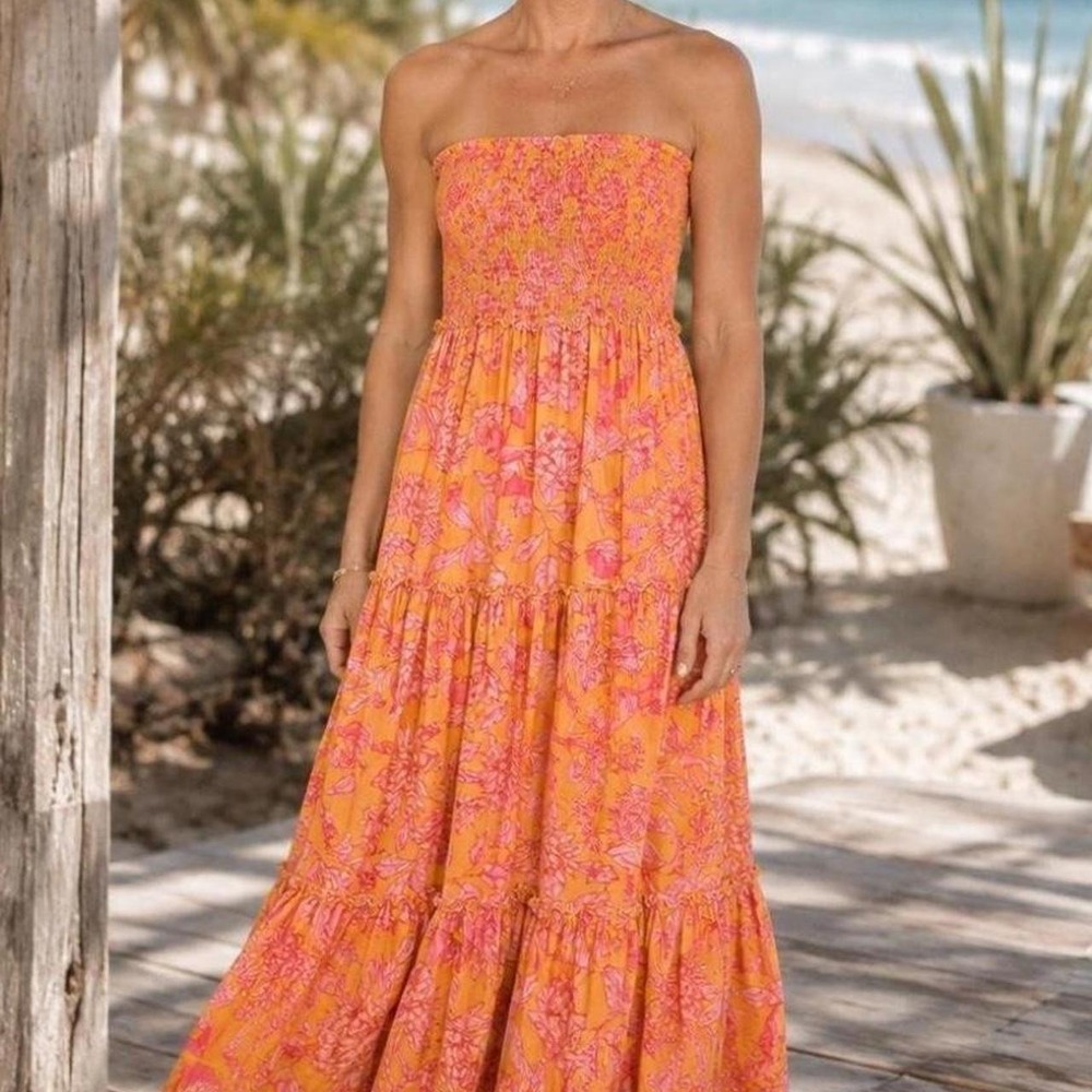 Abel The Label Orange Pink Floral Smocked Strapless Tiered Maxi Dress Medium